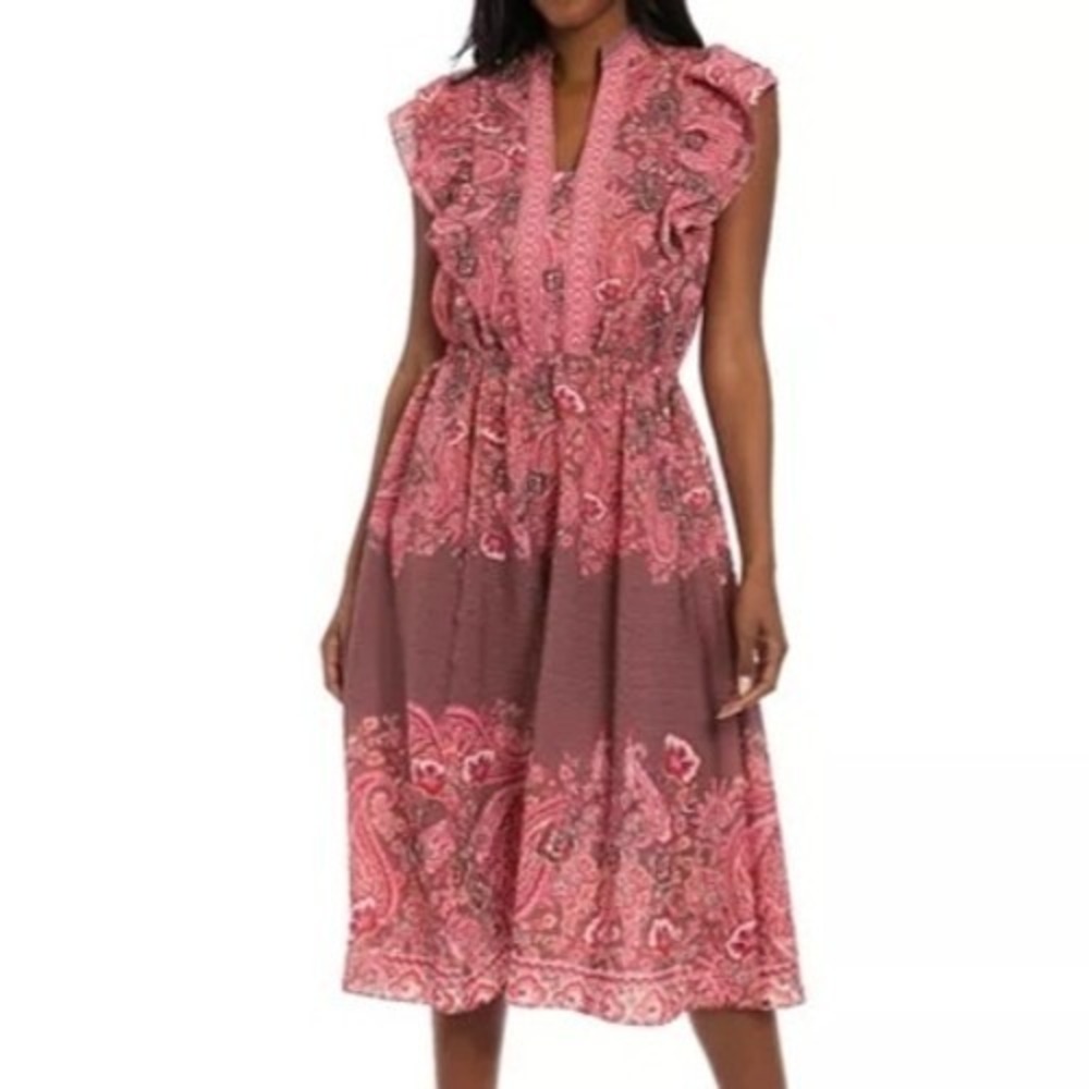 London Times All Over Rose Split Neck Ruffle Sleeveless Dress Womens Size M NWT